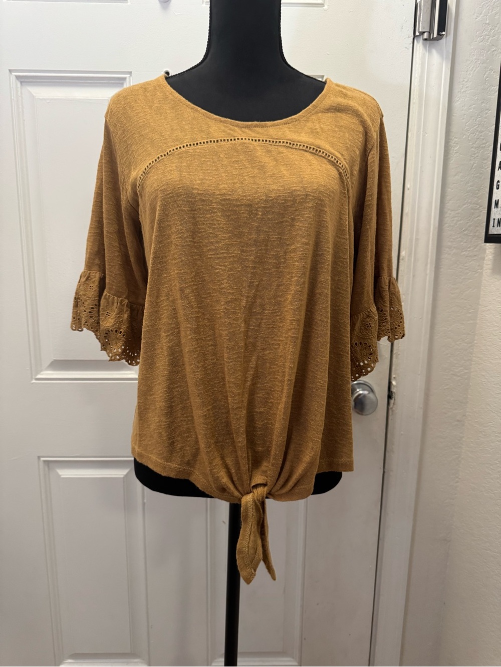 Maurices Mustard Tie-Front Lace-Sleeve Tunic Top 0475
